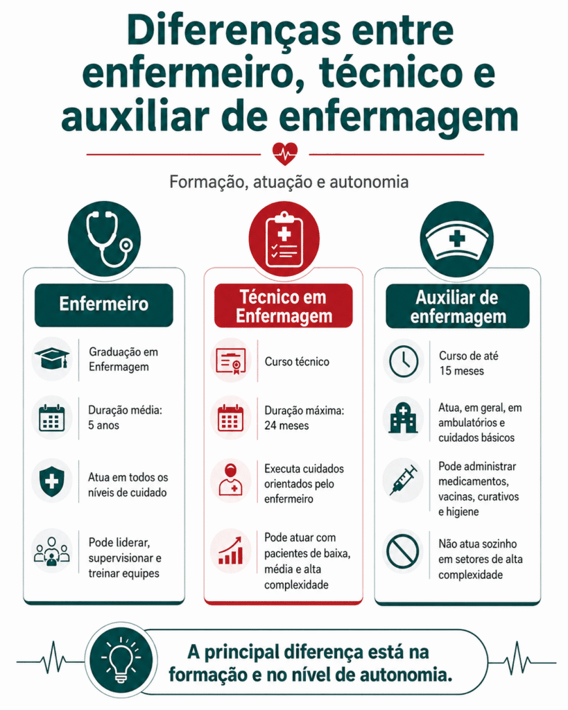 Diferenças entre enfermeiro, Técnico e auxiliar de enfermagem