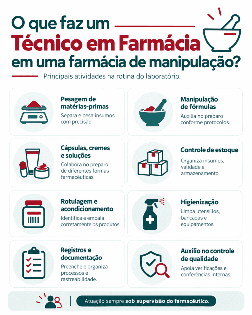 infografico o que faz técnico em farmácia na farmácia de manipulação